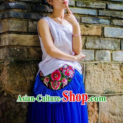 Traditional Handmade Chinese National Embroidery Miao Nationality Waist Pocket Blue Belt for Women