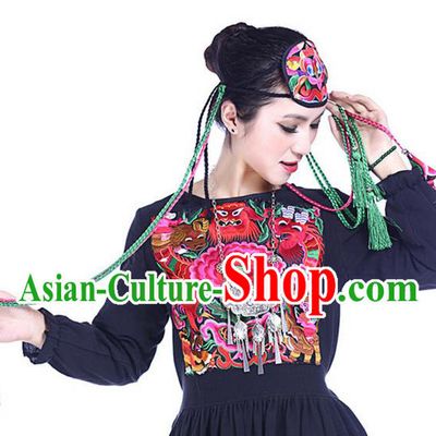 Traditional Handmade Chinese National Embroidery Headwear Miao Nationality Rosy Headband for Women