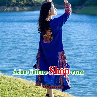 Traditional Chinese National Costume Long Dust Coat, Elegant Hanfu Embroidered Blue Cardigan for Women