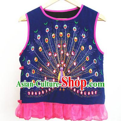 Traditional Chinese National Costume Vest, Elegant Hanfu Embroidered Peacock Blue Waistcoat for Women