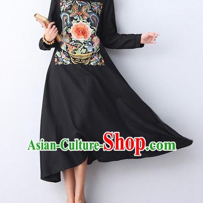 Traditional Chinese National Costume Linen Long Cheongsam Dress, Elegant Hanfu Tang Suit Embroidery Black Dress for Women