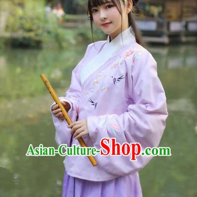 Traditional Ancient Chinese Costume Ming Dynasty Embroidery Slant Opening Blouse and Skirt, Elegant Hanfu Clothing Chinese Princess Sleeve Placket Dress Clothing for Women