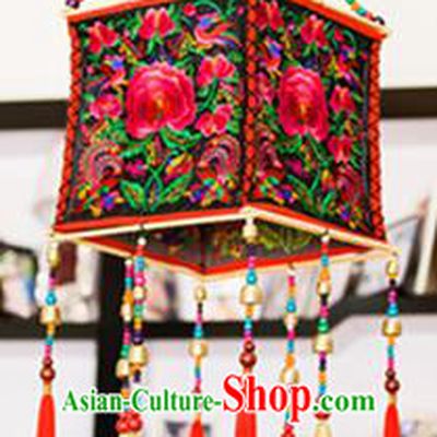 Traditional Handmade Chinese National Lampshade Embroidery Miao Nationality Red Lamp Screen