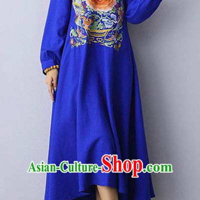 Traditional Chinese National Costume Linen Long Cheongsam Dress, Elegant Hanfu Tang Suit Embroidery Blue Dress for Women