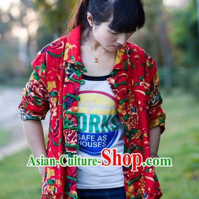Traditional Chinese National Costume Front Opening Linen Coat, Elegant Hanfu Embroidered Tang Suit Red Coat for Women