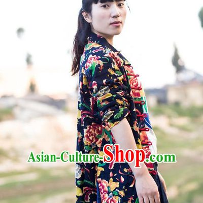 Traditional Chinese National Costume Front Opening Linen Coat, Elegant Hanfu Embroidered Tang Suit Black Coat for Women