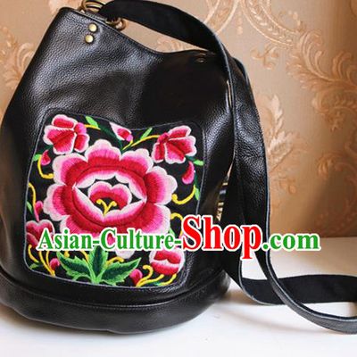 Traditional Handmade Chinese National Shoulder Bag Miao Nationality Embroidery Flowers Leather Bags for Women