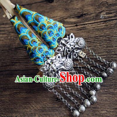 Traditional Handmade Chinese National Miao Nationality Sliver Eardrop Embroidery Peacock Earrings for Women