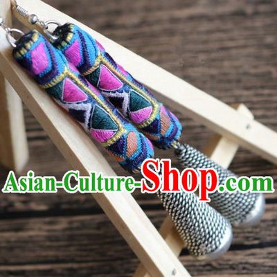 Traditional Handmade Chinese National Miao Nationality Sliver Eardrop Embroidery Earrings for Women