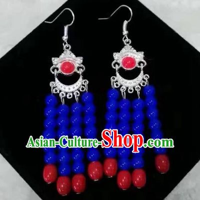 Traditional Handmade Chinese  Mongol Nationality Dance Accessories Earrings, China Mongols Mongolian Minority Nationality Princess Blue Beads Tassel Eardrop for Women