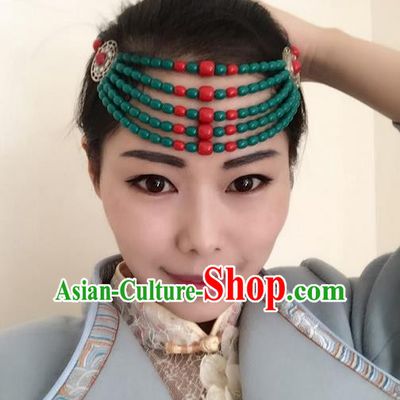 Traditional Handmade Chinese Mongol Nationality Dance Green Beads Hair Accessories Headwear, China Mongols Mongolian Minority Nationality Bride Headpiece for Women