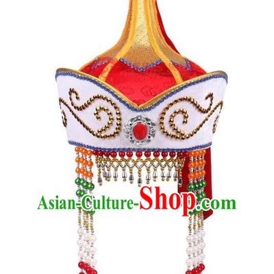 Traditional Handmade Chinese Mongol Nationality Dance Princess Hair Accessories Red Hat, China Mongols Mongolian Minority Nationality Bride Headpiece for Women