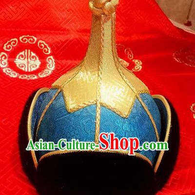 Traditional Handmade Chinese Mongol Nationality Dance Royal Highness Headwear Blue Hat, China Mongols Mongolian Minority Nationality Bridegroom Headpiece for Men