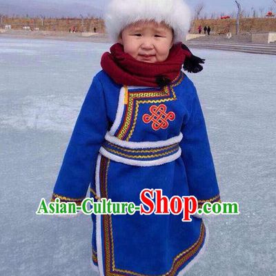 Traditional Chinese Mongol Nationality Dance Costume Blue Mongol Cotton Wadded Robes, Chinese Children Mongolian Minority Nationality Embroidery Clothing for Kids