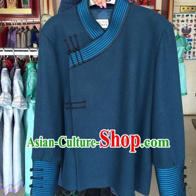 Traditional Chinese Mongol Nationality Dance Costume Blue Mongol Coat, China Mongolian Minority Nationality Embroidery Clothing for Men
