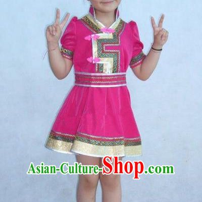 Traditional Chinese Mongol Nationality Dance Costume Children Pink Mongol Robe, China Mongolian Minority Nationality Embroidery Dress Clothing for Kids