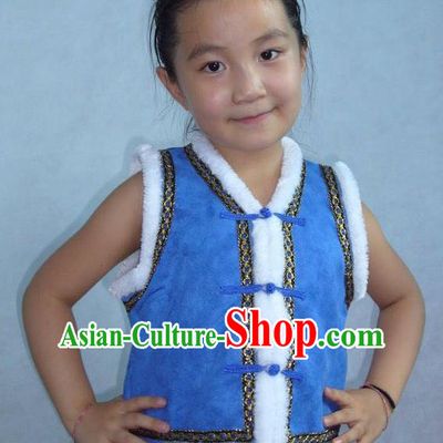 Traditional Chinese Mongol Nationality Dance Costume Children Blue Mongol Vest, China Mongolian Minority Nationality Waistcoat Clothing for Kids