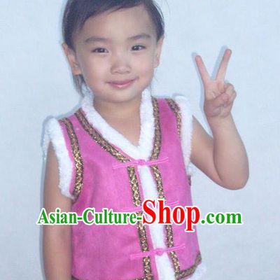 Traditional Chinese Mongol Nationality Dance Costume Children Pink Mongol Vest, China Mongolian Minority Nationality Waistcoat Clothing for Kids
