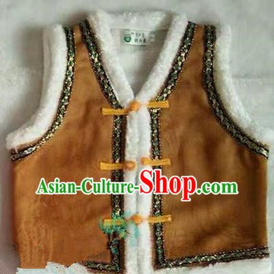 Traditional Chinese Mongol Nationality Dance Costume Children Brown Mongol Vest, China Mongolian Minority Nationality Waistcoat Clothing for Kids