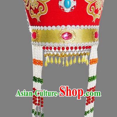 Traditional Handmade Chinese Mongol Nationality Dance Red Headwear Princess Hat, China Mongols Mongolian Minority Nationality Bride Headpiece for Women