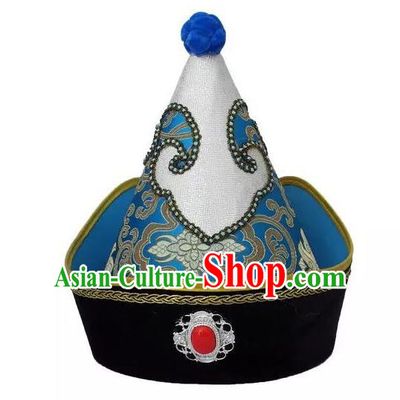 Traditional Handmade Chinese Mongol Nationality Dance Blue Headwear Prince Hat, China Mongolian Minority Nationality Royal Highness Headpiece for Men