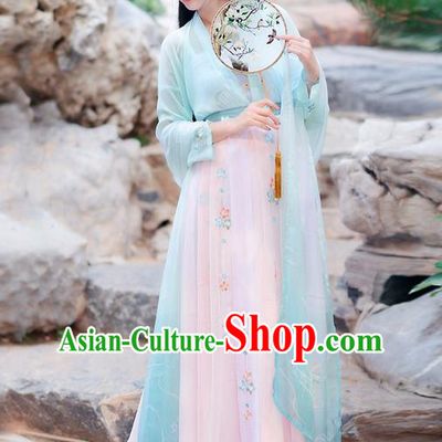 Traditional Ancient Chinese Costume Tang Dynasty Embroidery Slant Opening Blue Blouse and Skirt, Elegant Hanfu Clothing Chinese Princess Dress Clothing for Women