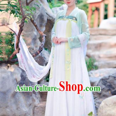 Traditional Ancient Chinese Costume Tang Dynasty Embroidery Blouse and Dress, Elegant Hanfu Clothing Chinese Princess Fairy Costume for Women