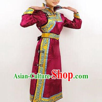 Traditional Chinese Mongol Nationality Dance Costume Bride Purple Mongolian Robe, China Mongolian Minority Nationality Princess Dress Clothing for Women