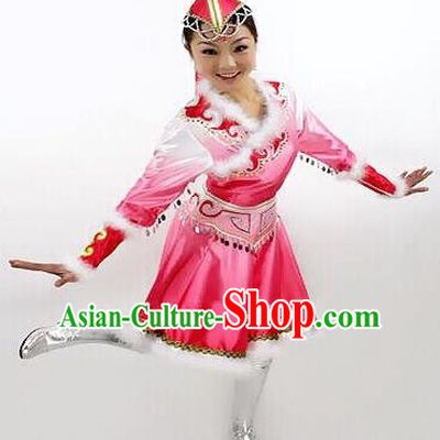 Traditional Chinese Mongol Nationality Dance Costume Pink Mongolian Robe, China Mongolian Minority Nationality Princess Dress Clothing for Women