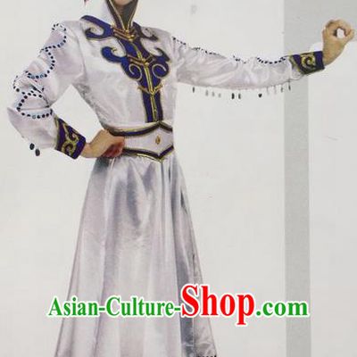 Traditional Chinese Mongol Nationality Dance Costume White Mongolian Robe, China Mongolian Minority Nationality Princess Dress Clothing for Women