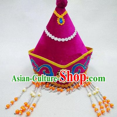 Traditional Handmade Chinese Mongol Nationality Dance Purple Headwear Princess Hat, China Mongols Children Mongolian Minority Nationality Headpiece for Kids