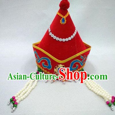 Traditional Handmade Chinese Mongol Nationality Dance Red Headwear Princess Hat, China Mongols Children Mongolian Minority Nationality Headpiece for Kids