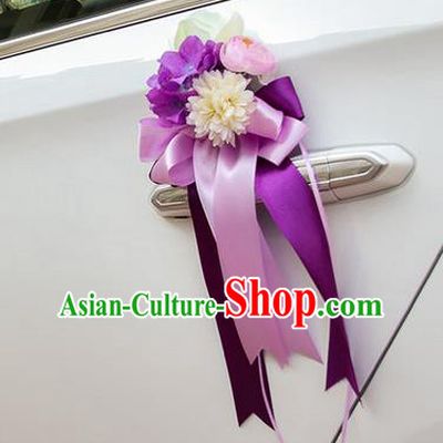 Top Grade Wedding Accessories Decoration, China Style Wedding Car Ornament Purple Flowers Bride Ribbon Garlands