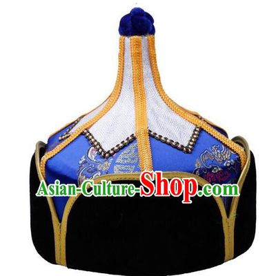 Traditional Handmade Chinese Mongol Nationality Dance Headwear Royal Highness Blue Hat, China Mongolian Minority Nationality Children Bridegroom Headpiece for Kids