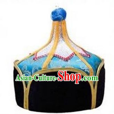 Traditional Handmade Chinese Mongol Nationality Dance Headwear Royal Highness Light Blue Hat, China Mongolian Minority Nationality Children Bridegroom Headpiece for Kids