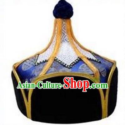 Traditional Handmade Chinese Mongol Nationality Dance Headwear Royal Highness Deep Blue Hat, China Mongolian Minority Nationality Children Bridegroom Headpiece for Kids