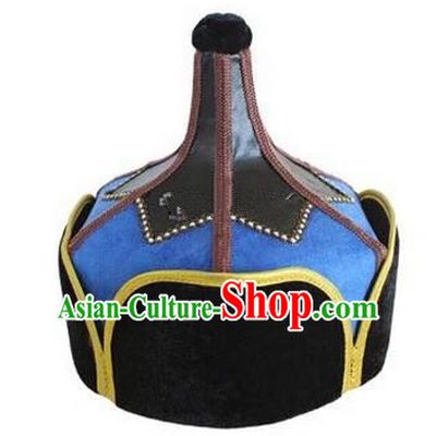 Traditional Handmade Chinese Mongol Nationality Dance Headwear Blue Suede Fabric Hat, China Mongolian Minority Nationality Prince Headpiece for Men