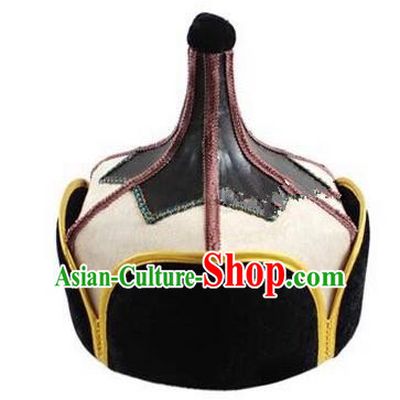 Traditional Handmade Chinese Mongol Nationality Dance Headwear Beige Suede Fabric Hat, China Mongolian Minority Nationality Prince Headpiece for Men