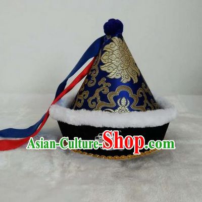 Traditional Handmade Chinese Mongol Nationality Dance Headwear Children Hat, China Mongolian Minority Nationality Royal Highness Blue Headpiece for Kids
