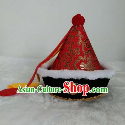 Traditional Handmade Chinese Mongol Nationality Dance Headwear Children Hat, China Mongolian Minority Nationality Royal Highness Red Headpiece for Kids