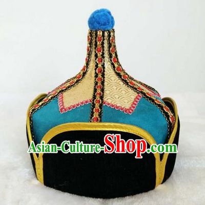 Traditional Handmade Chinese Mongol Nationality Dance Headwear Royal Highness Hat, China Mongolian Minority Nationality Prince Blue Headpiece for Men