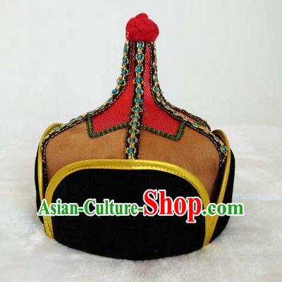 Traditional Handmade Chinese Mongol Nationality Dance Headwear Royal Highness Hat, China Mongolian Minority Nationality Prince Light Tan Headpiece for Men