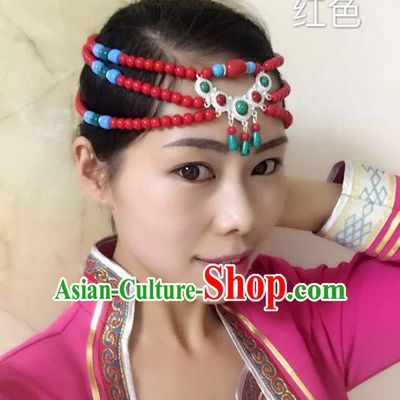 Traditional Handmade Chinese Mongol Nationality Handmade Red Beads Headband, China Mongols Mongolian Minority Nationality Wedding Bride Tassel Headwear Headpiece for Women