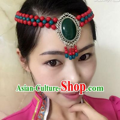 Traditional Handmade Chinese Mongol Nationality Handmade Green and Red Beads Headband, China Mongols Mongolian Minority Nationality Wedding Bride Tassel Headwear Headpiece for Women