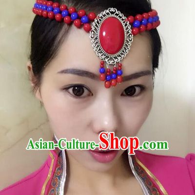 Traditional Handmade Chinese Mongol Nationality Handmade Blue and Red Beads Headband, China Mongols Mongolian Minority Nationality Wedding Bride Tassel Headwear Headpiece for Women