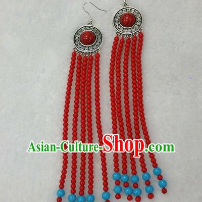 Traditional Handmade Chinese Mongol Nationality Handmade Beads Tassel Earrings, China Mongols Mongolian Minority Nationality Wedding Eardrop for Women