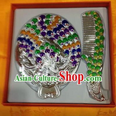 Traditional Handmade Chinese Mongol Nationality Crafts Green Comb and Peacock Pocket Mirror, China Mongolian Minority Nationality Cloisonne Mirror for Women
