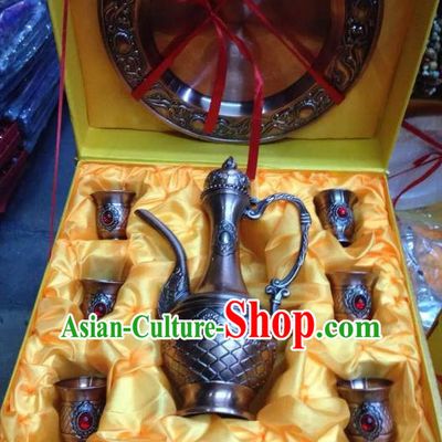 Traditional Handmade Chinese Mongol Nationality Crafts Copper Wine Set, China Mongolian Minority Nationality Carving Flagon and Drinking Cup