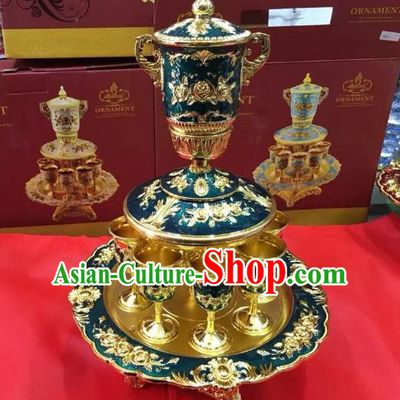 Traditional Handmade Chinese Mongol Nationality Crafts Green Wine Set, China Mongolian Minority Nationality Cloisonne Carving Flagon and Drinking Cup