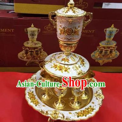 Traditional Handmade Chinese Mongol Nationality Crafts White Wine Set, China Mongolian Minority Nationality Cloisonne Carving Flagon and Drinking Cup